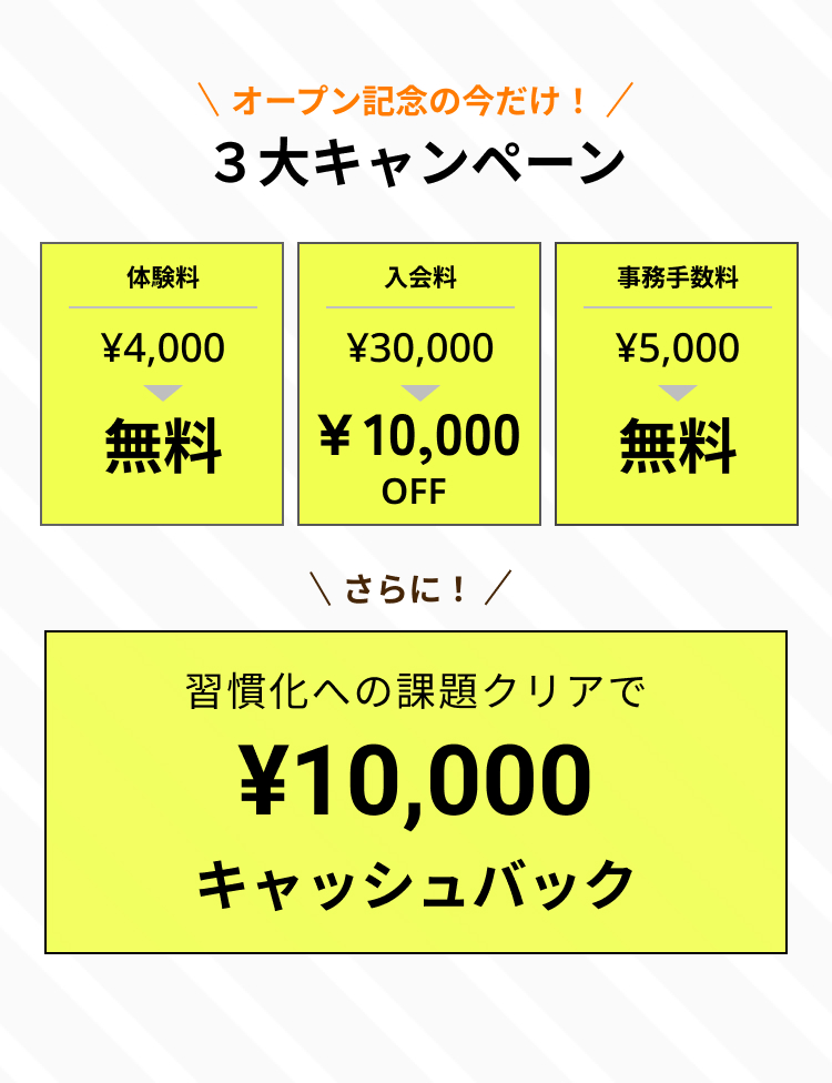 オープン記念の今だけ！3大キャンペーン さらに、習慣化への課題クリアで10,000円キャッシュバック