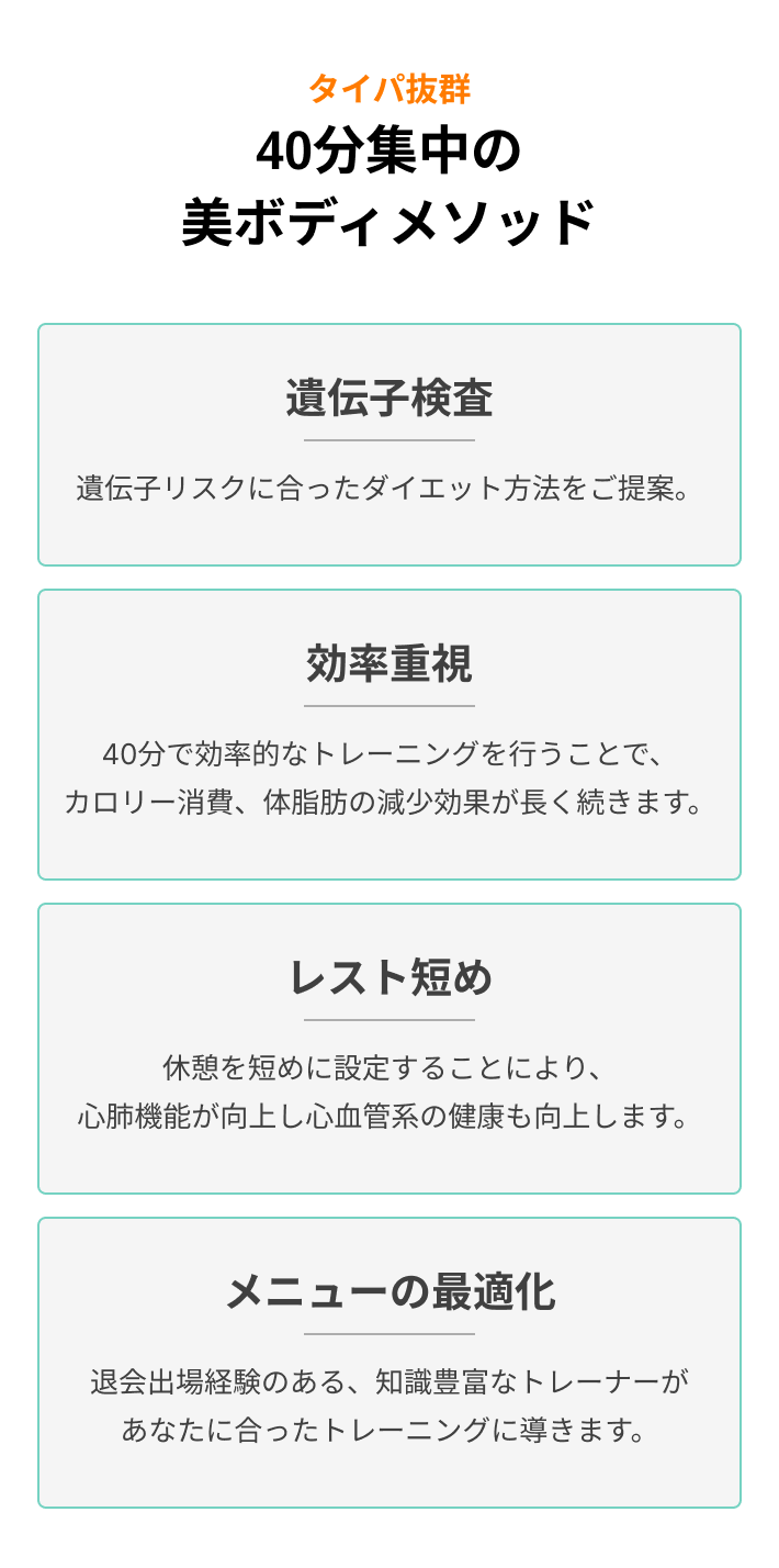 タイパ抜群！40分集中の 美ボディメソッド！１、効率重視。２、レスト短め。３、メニューの最適化。４、時間節約。